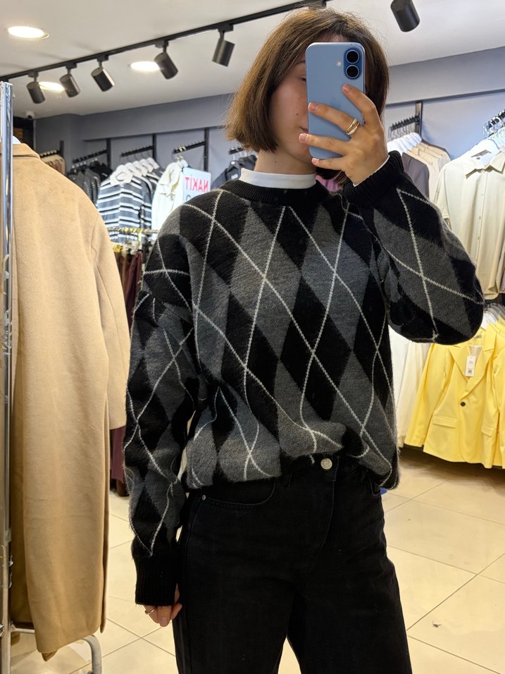 Kadın Gri Ekoseli Salaş Triko Kazak - Görsel 3