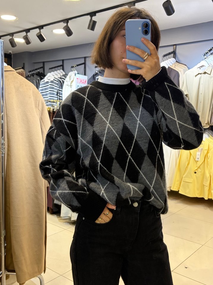 Kadın Gri Ekoseli Salaş Triko Kazak - Görsel 2