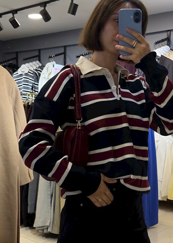 Bordo Çizgili Yüksek Yakalı Salaş Kadın Kazak - Görsel 4