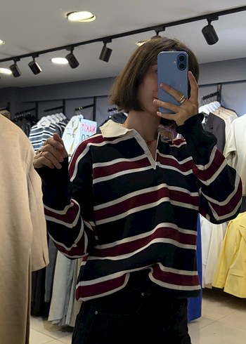 Bordo Çizgili Yüksek Yakalı Salaş Kadın Kazak - Görsel 5