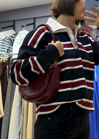 Bordo Çizgili Yüksek Yakalı Salaş Kadın Kazak - Görsel 3