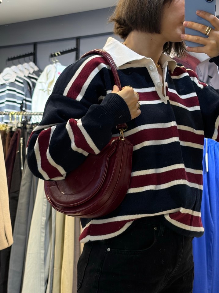 Bordo Çizgili Yüksek Yakalı Salaş Kadın Kazak - Görsel 3