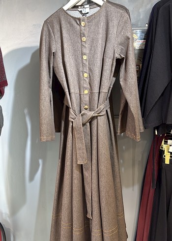 Düğmeli Uzun Kollu Kahverengi Kadın Elbise - Görsel 2