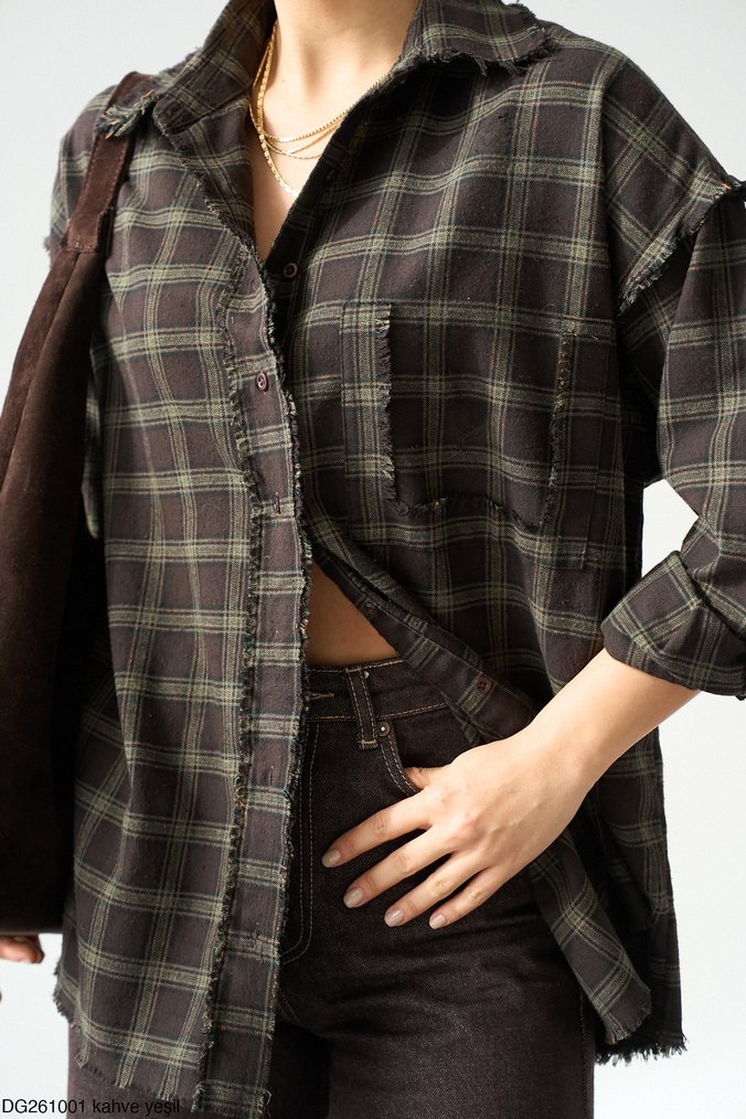 Düğmeli Kahverengi Kareli Kadın Gömlek - Görsel 3