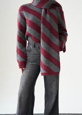 Bordo-Gri Çizgili Yünlü Yumuşak Kazak - Görsel 2