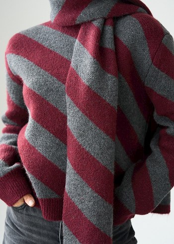 Bordo-Gri Çizgili Yünlü Yumuşak Kazak - Görsel 3