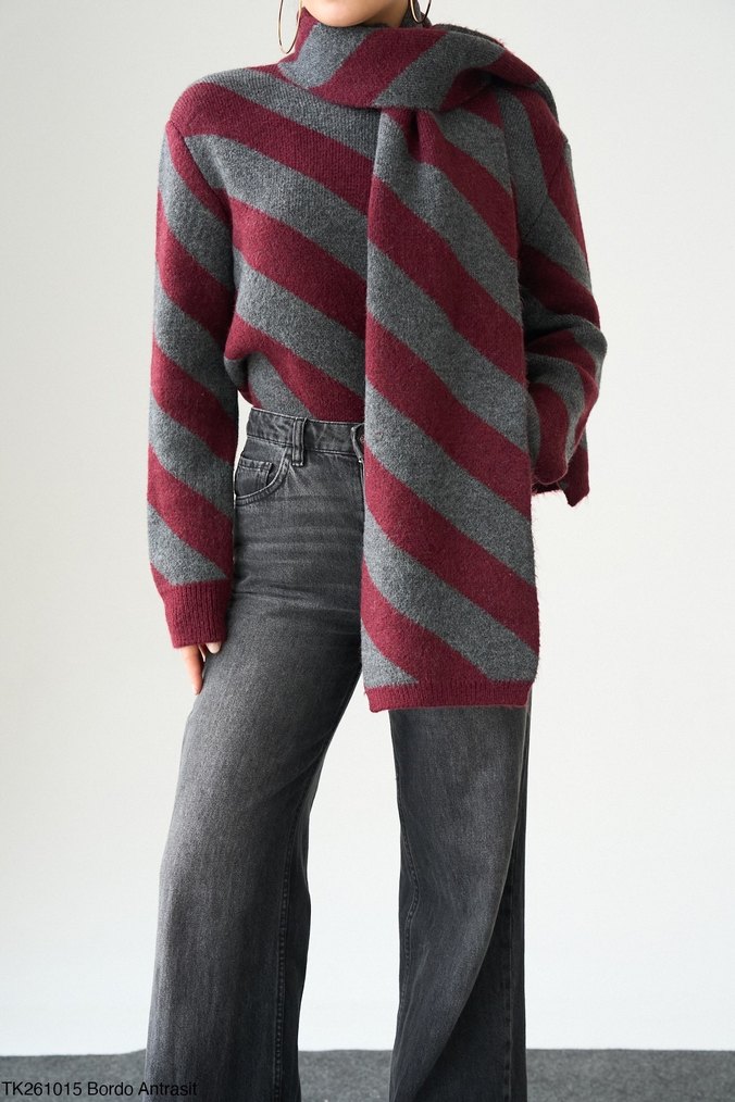 Bordo-Gri Çizgili Yünlü Yumuşak Kazak - Görsel 2