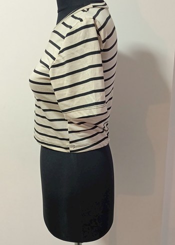 Bej Siyah Çizgili Kısa Kollu Crop Top - Görsel 2