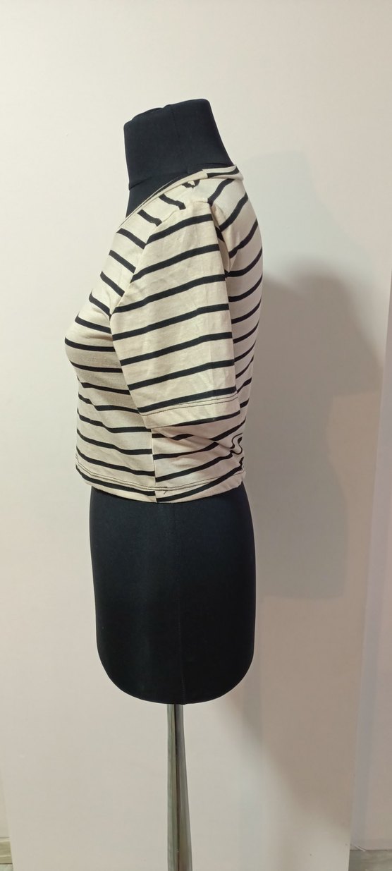 Bej Siyah Çizgili Kısa Kollu Crop Top - Görsel 2