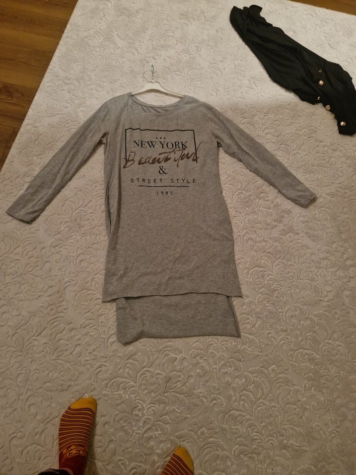 Gri Uzun Kollu Rahat Sweatshirt Elbise - Görsel 4