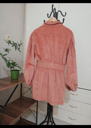 BSL Pudra Pembe Kadife Mini  Elbise - Görsel 5