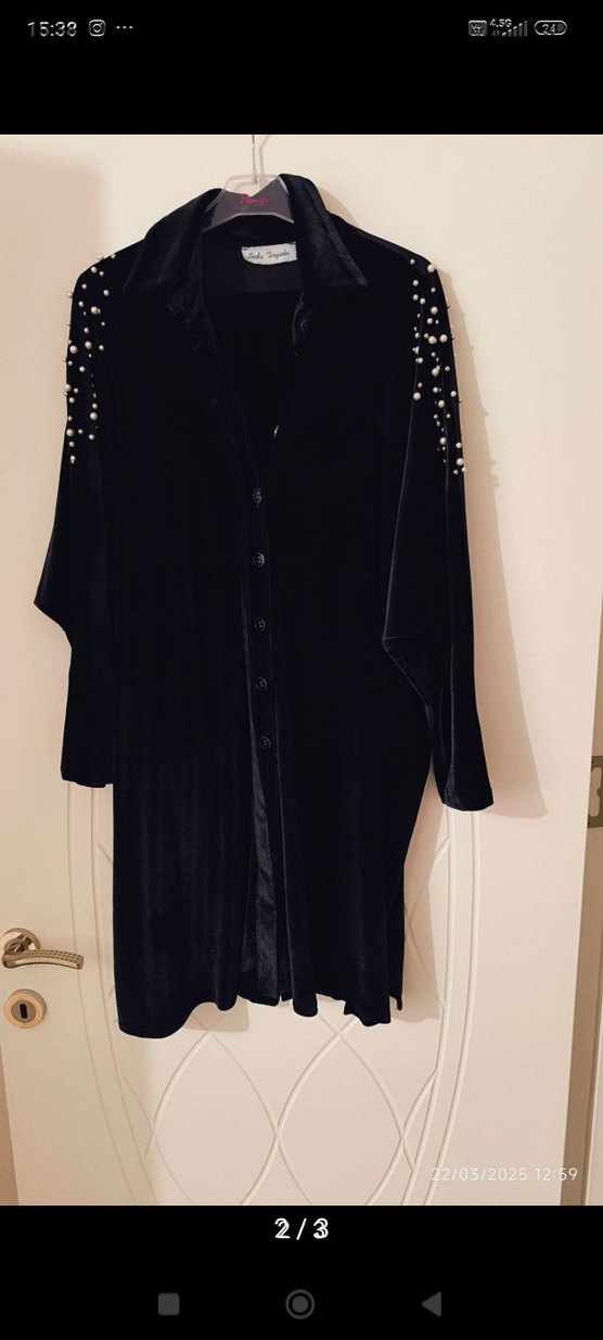 Seda Tiryaki. Uzun Siyah Kadife Nakışlı Kadın  pantolonlu takım - Görsel 2