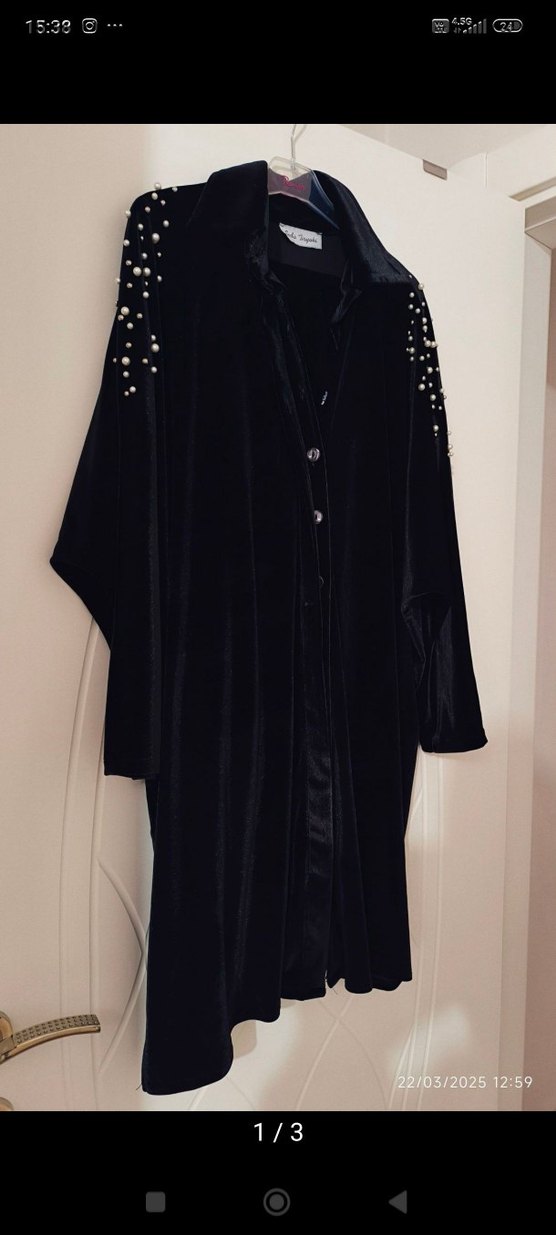 Seda Tiryaki. Uzun Siyah Kadife Nakışlı Kadın  pantolonlu takım - Görsel 3