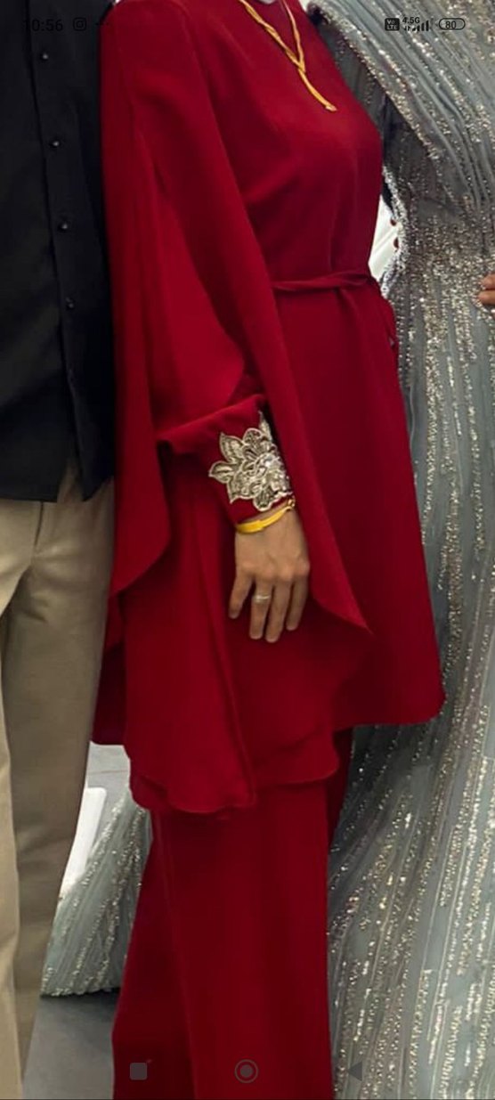 Bordo Drapeli Uzun Kol İşlemeli pantolonlu takım - Görsel 2