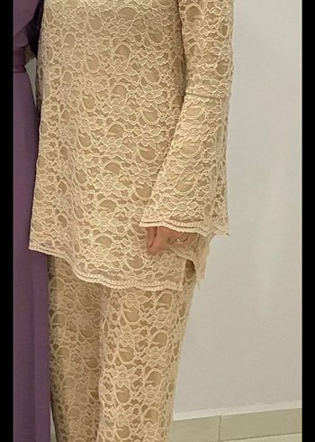 Bej Uzun Dantel Kadın pantolonlu takım - Görsel 2