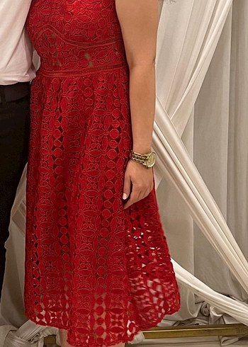 Kırmızı Dantelli Uzun Abiye Elbise - Görsel 8