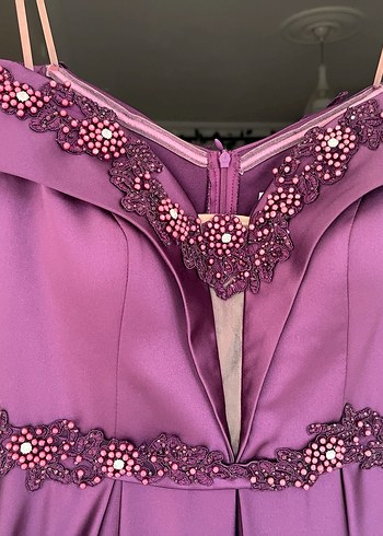 Mor Uzun Drapeli Straplez Kadın Abiye Elbise - Görsel 3