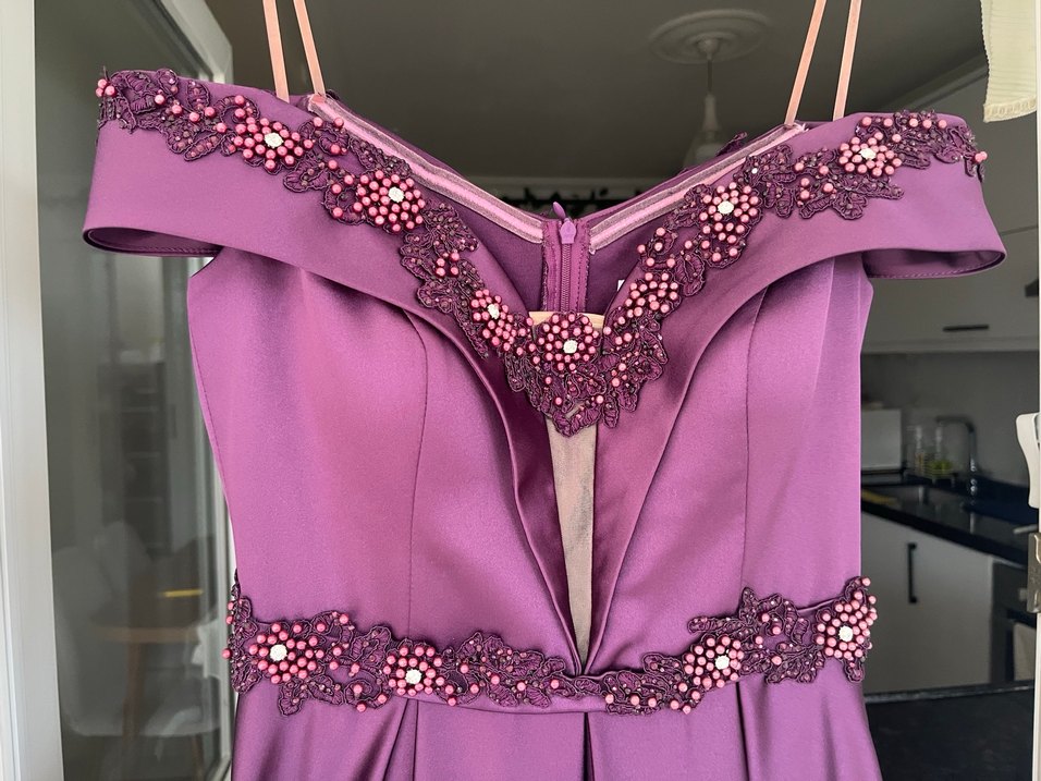 Mor Uzun Drapeli Straplez Kadın Abiye Elbise - Görsel 3