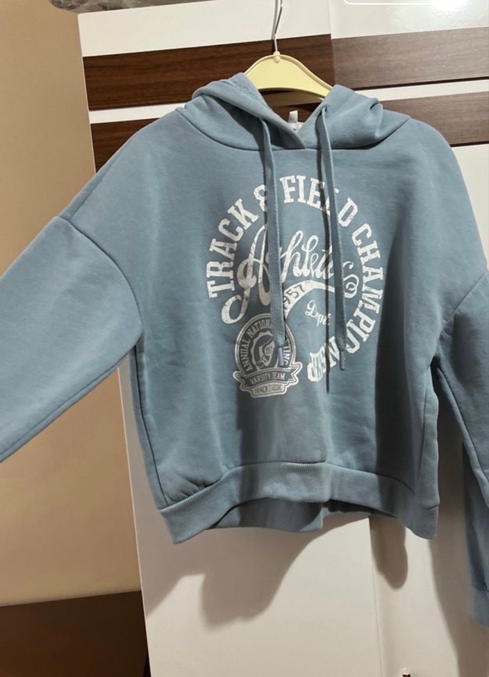 Mavi Kapüşonlu Uzun Kollu Baskılı Sweatshirt - Görsel 2