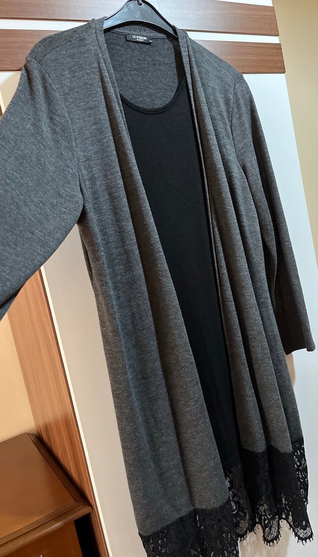 Uzun Gri Kadın Tunik Dantel Detaylı - Görsel 2