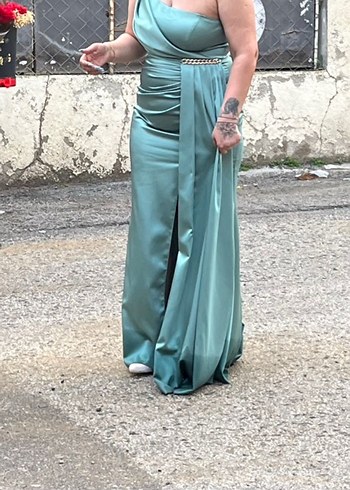 Uzun Turkuaz Drapeli Straplez Abiye Elbise - Görsel 2