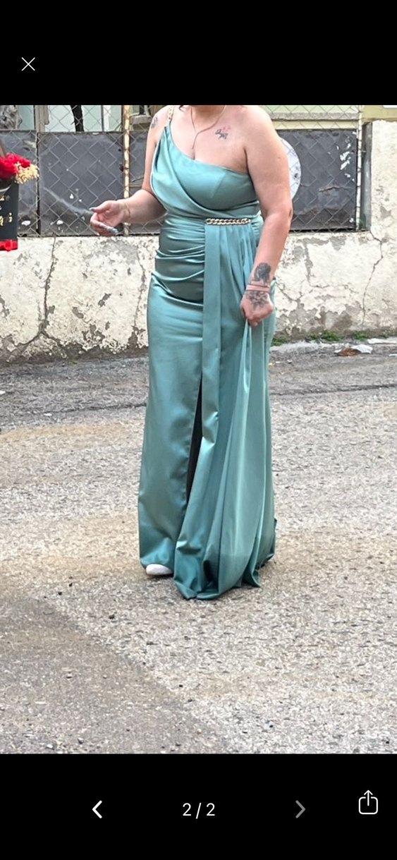 Uzun Turkuaz Drapeli Straplez Abiye Elbise - Görsel 2