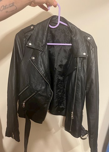 Siyah Kadın Deri Biker Ceket - Görsel 3