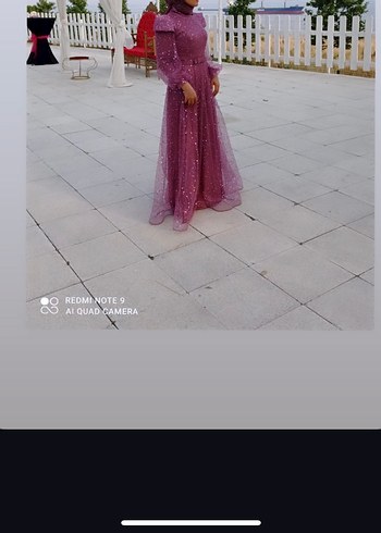 Uzun Kollu Mor Parlak Abiye Elbise - Görsel 2