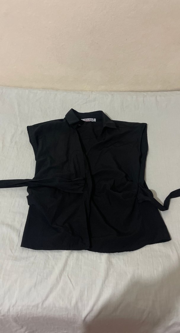 Siyah Kolsuz Keten Gömlek Kuşaklı - Görsel 2