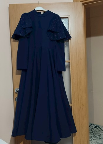 İnci Detaylı Uzun Kollu Mavi Abiye Elbise - Görsel 2