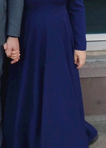 İnci Detaylı Uzun Kollu Mavi Abiye Elbise - Görsel 3