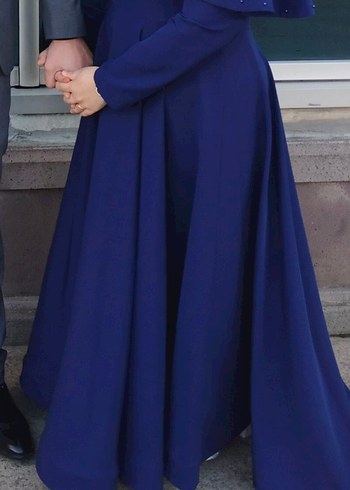 İnci Detaylı Uzun Kollu Mavi Abiye Elbise - Görsel 4