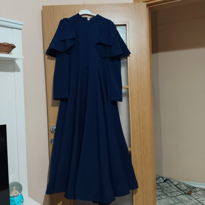 İnci Detaylı Uzun Kollu Mavi Abiye Elbise - Görsel 2