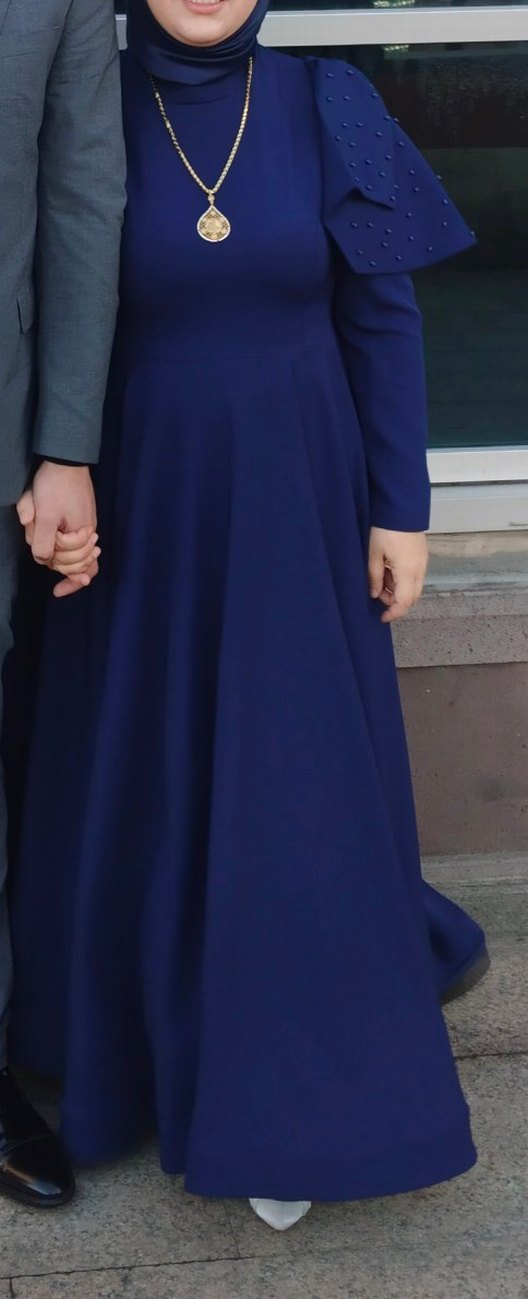 İnci Detaylı Uzun Kollu Mavi Abiye Elbise - Görsel 3