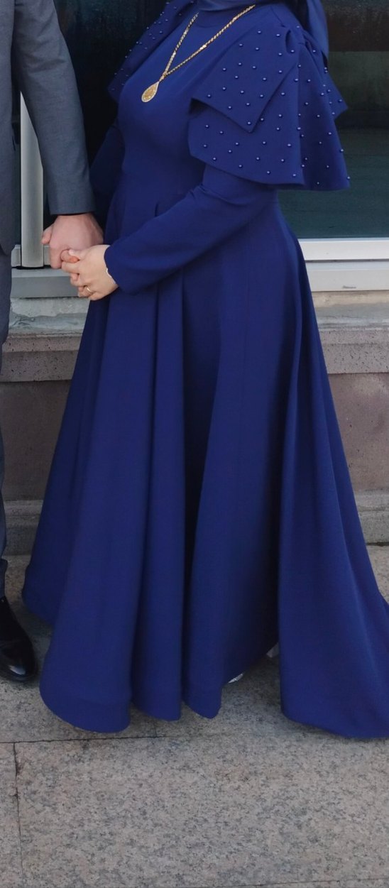 İnci Detaylı Uzun Kollu Mavi Abiye Elbise - Görsel 4