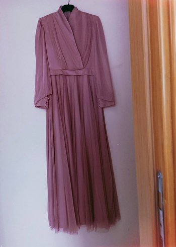 Pembe Uzun Kollu Drapeli tüllü Kadın Abiye Elbise - Görsel 3