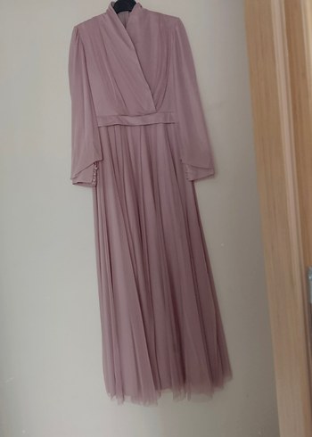 Pembe Uzun Kollu Drapeli tüllü Kadın Abiye Elbise - Görsel 2