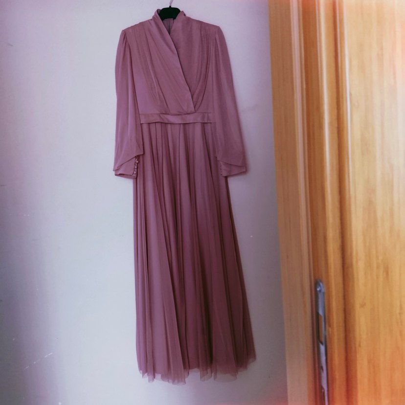 Pembe Uzun Kollu Drapeli tüllü Kadın Abiye Elbise - Görsel 3