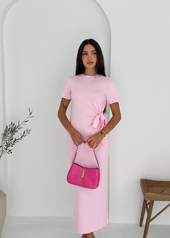 Pembe Kısa Kollu Uzun Elbise - Görsel 2