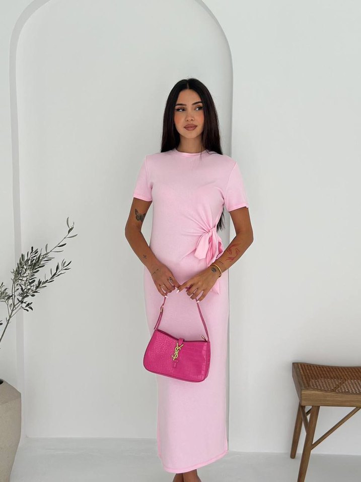Pembe Kısa Kollu Uzun Elbise - Görsel 2