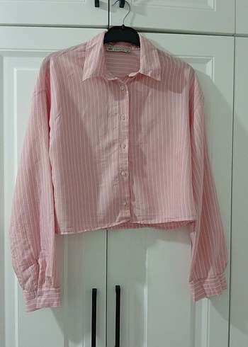 Pembe Çizgili Pamuklu Kadın Gömlek - Görsel 4