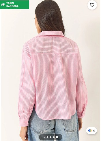 Pembe Çizgili Pamuklu Kadın Gömlek - Görsel 2