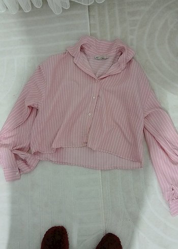 Pembe Çizgili Pamuklu Kadın Gömlek - Görsel 3