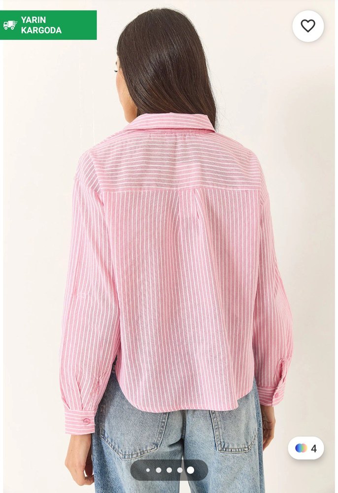 Pembe Çizgili Pamuklu Kadın Gömlek - Görsel 2