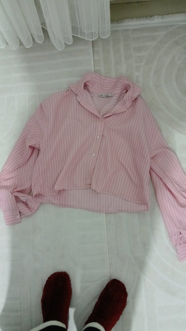 Pembe Çizgili Pamuklu Kadın Gömlek - Görsel 3