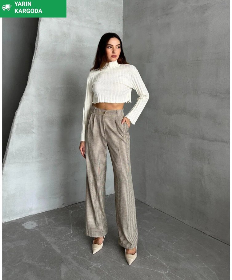 Bej Kadın Triko Kumaş Pantolon - Görsel 2