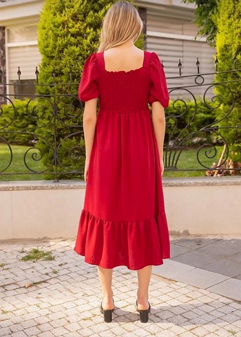 Bordo Fırfırlı Uzun Salaş Kadın Elbise - Görsel 4