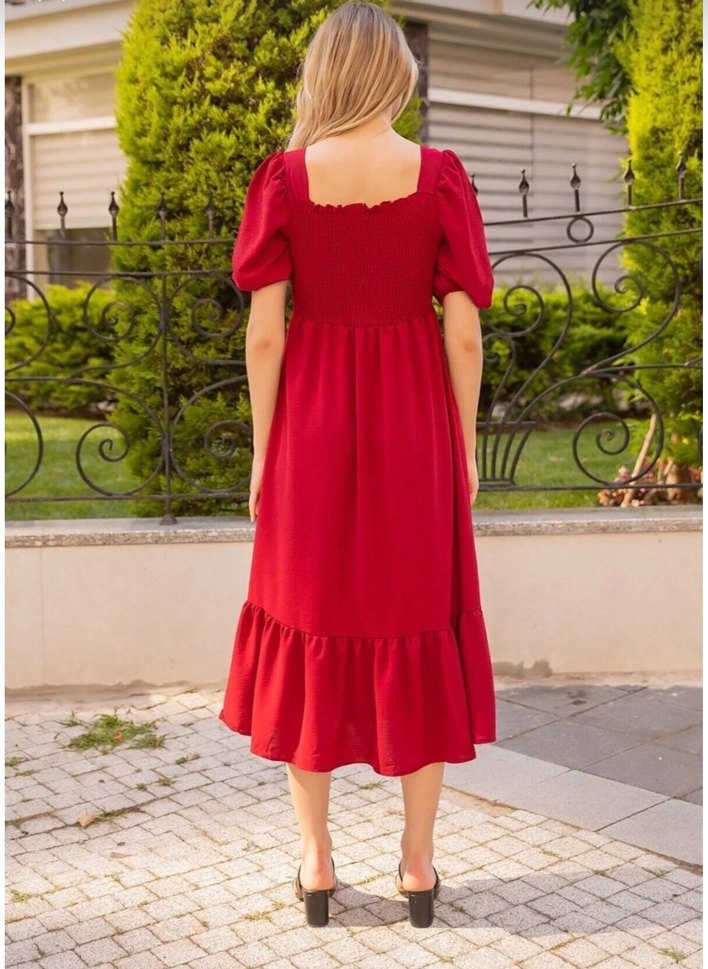 Bordo Fırfırlı Uzun Salaş Kadın Elbise - Görsel 4