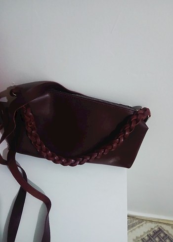 Bordo Deri Kadın Çanta - Fermuarlı, Örgü Saplı - Görsel 4