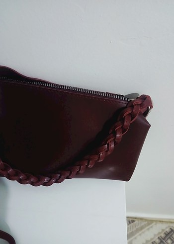 Bordo Deri Kadın Çanta - Fermuarlı, Örgü Saplı - Görsel 2